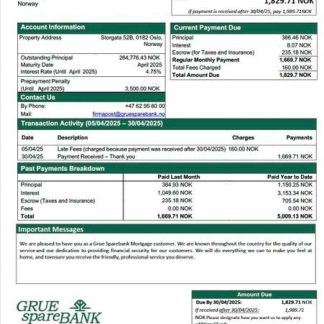 Norway Grue Sparebank mortgage statement Word and PDF template download template file