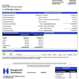 Norway Haugesund Sparebank mortgage statement Word and PDF template download template file