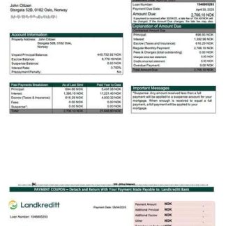 Norway Landkreditt Bank mortgage statement Word and PDF template download template file