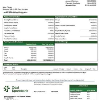 Norway Odal Sparebank mortgage statement Word and PDF template download template file