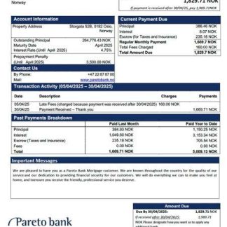 Norway Pareto Bank mortgage statement Word and PDF template download template file