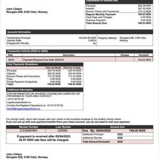 Norway Rogaland Sparebank mortgage statement Word and PDF template download template file