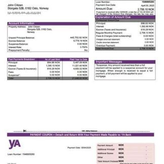 Norway yA Bank mortgage statement Word and PDF template download template file