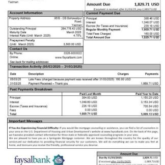 Pakistan Faysal mortgage statement in Word and PDF formats download template file