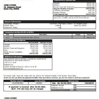 Benin Bank of Africa bank mortgage statement scr download template file