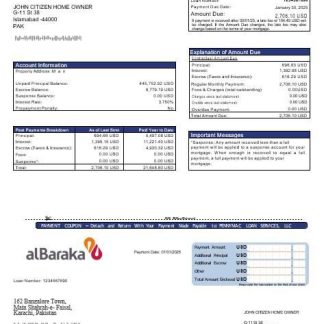 Pakistan Al Baraka mortgage statement in Word and PDF formats download template file