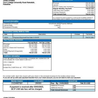 Palestine bank of Palestine mortgage statement in Word and PDF formats download template file
