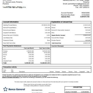 Panama Banco General mortgage statement in Word and PDF formats download template file