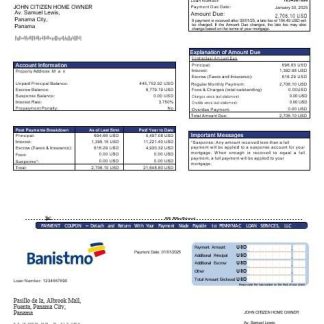 Panama Banistmo bank mortgage statement in Word and PDF formats download template file