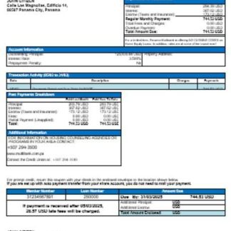 Panama Multibank mortgage statement in Word and PDF formats download template file