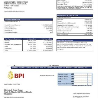 Philippine Bank of The Philippine Islands mortgage statement in Word and PDF formats download template file