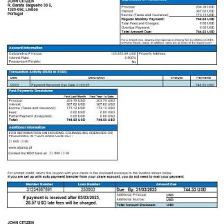 Portugal Abanca mortgage statement in Word and PDF format download template file