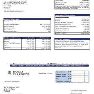 Portugal Banco Carregosa mortgage statement in Word and PDF formats download template file