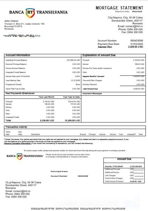 Romania Banca Transilvania mortgage statement in Word and PDF formats download template file