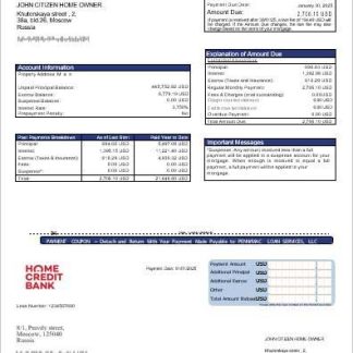 Russia Home Credit bank mortgage statement in Word and PDF formats download template file