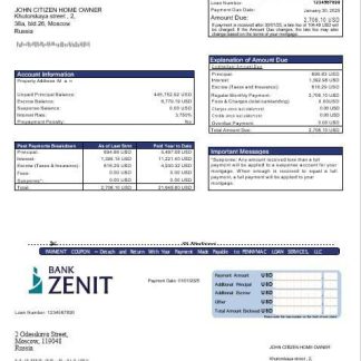 Russia Zenit bank mortgage statement in Word and PDF formats download template file