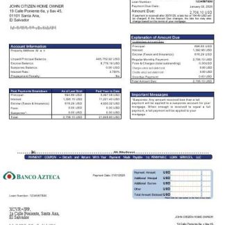 Salvador Banco Azteca mortgage statement in Word and PDF formats download template file