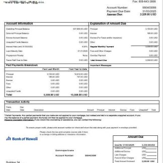 Samoa Bank of Hawaii mortgage statement in Word and PDF formats download template file