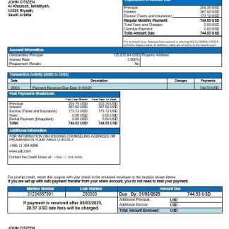 Saudi Arabia Alawwal bank mortgage statement in Word and PDF formats download template file