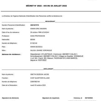 Benin ANIP Agence Nationale d'Identification des Personnes residence certificat download template file