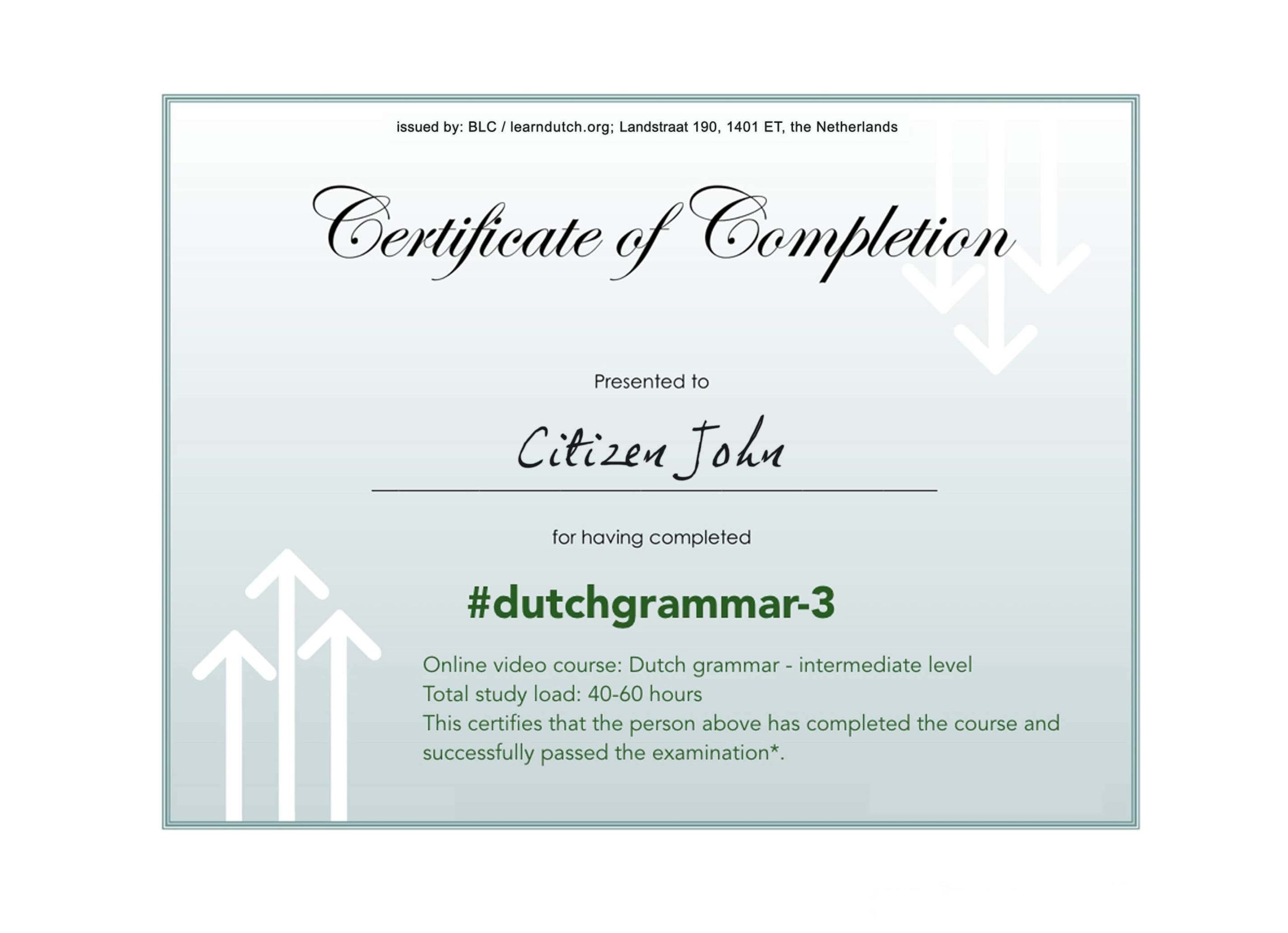 Netherlands language grammar certificate of completion PSD sample, completely editable download template file