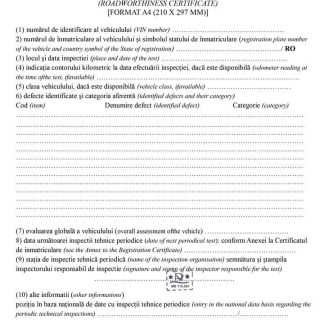 Romania Registrul Auto Roman Periodic technical inspection certificate (roadworthiness certificate) download template file