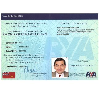 UK RYA Yachtmaster Certificates of Competence download template file