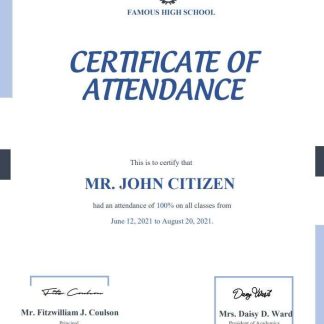 USA Attendance Certificate template in Word and PDF format download template file