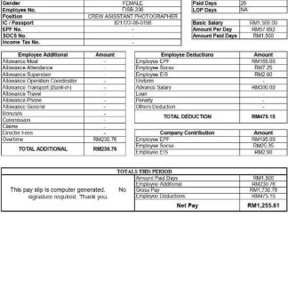 Fashion company payslip template in Word and PDF formats download template file