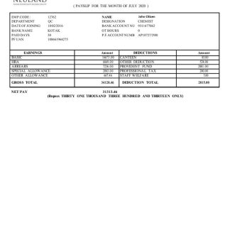 INDIA ITC Infotech India LTD payslip in Word and PDF formats download template file