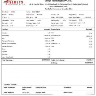 INDIA PRICEWATERHOUSECOOPERS Service Delivery Center (Kolkata) Private limited payslip in Word and PDF formats download template file