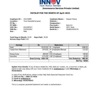 Infosys technology company salary slip template in Word and PDF formats.pdf, 1 download template file
