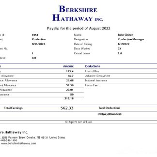 USA 601 WEST management corporation payslip template in Word and PDF formats download template file