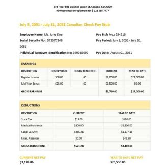 Canada Online Payslip Word and PDF template download template file