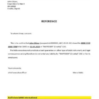 Croatia Raiffeisen bank closure reference download template file