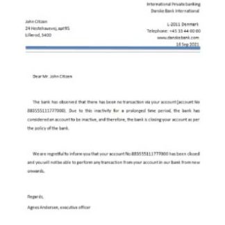 Denmark Danskebank closure reference download template file