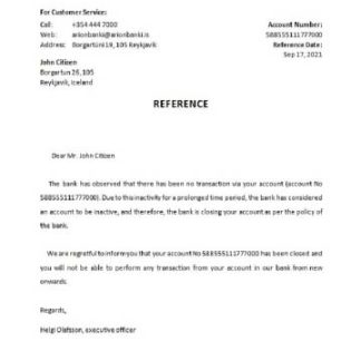 Iceland  Arion Bank closure reference download template file