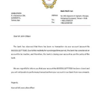 Iran Melli bank closure reference download template file