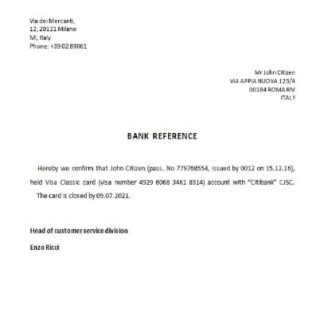 Italy Citibank closure reference download template file