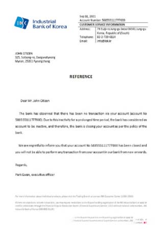 Korea Industrial bank closure reference download template file
