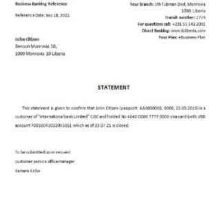 Liberia IB International Bank closure reference download template file