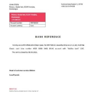 Montenegro Addiko bank closure reference download template file