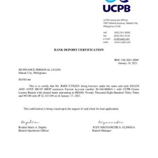 Philippines UCPB bank deposit certification letter download template file