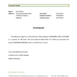 Tajikistan Alif bank closure reference download template file