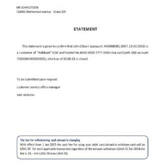 Turkmenistan Halkbank closure reference download template file