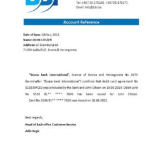 Bosnia and Herzegovina Bosna Bank Internat closure reference download template file