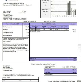 USA Mississipi Dixie Electric utility bill template in Word and PDF format download template file