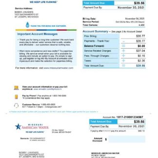USA MISSOURI AMERICAN WATER utility bill Word and PDF template download template file
