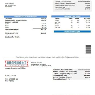 USA Missouri Independence Utilities utility bill template in Word and PDF format download template file