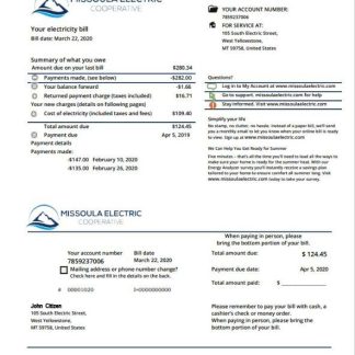 USA Montana Missoula Electric Cooperative electricity utility bill template in Word and PDF format download template file